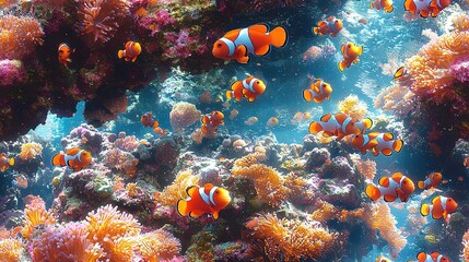   A school of clownfish swims amidst vibrant corals and anemones in the vast ocean
