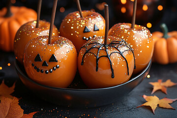 Caramel apples designed for Halloween are placed in a black bowl, featuring jack-o-lantern faces and spider webs, illuminated warmly and surrounded by vibrant fall leaves