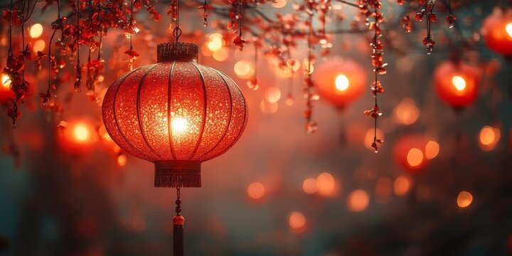 A traditional red Chinese lantern glowing warmly, surrounded by flowers and soft bokeh lights, evoking the festive spirit of the Chinese New Year.