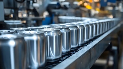 Empty new aluminum cans for drink process in factory line on conveyor belt machine at beverage industrail business concept