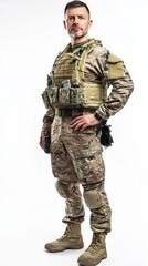 Military Personnel in Tactical Gear Posing Confidently Against a Neutral Backdrop