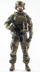 Fototapeta premium Military Personnel in Tactical Gear Holding Rifle on a Plain Background