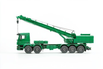 Green Model Truck With Crane Arm Displayed on White Background, Highlighting Its Detailed Design