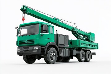 Green Construction Truck With Crane Arm Parked on a Plain White Background