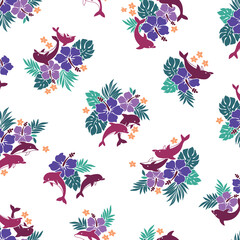 Cute hibiscus and dolphin pattern suitable for textiles,
