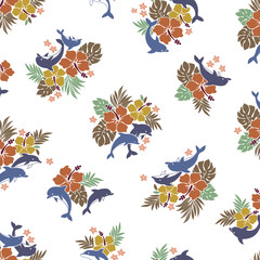 Cute hibiscus and dolphin pattern suitable for textiles,