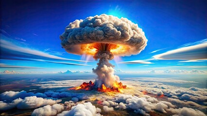A striking mushroom cloud rises majestically against a vibrant blue sky, showcasing the massive power of the atom bomb in dramatic detail and scale.