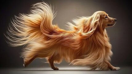 Naklejka premium A dog standing upright with its fur billowing behind its eyes, its gaze closed