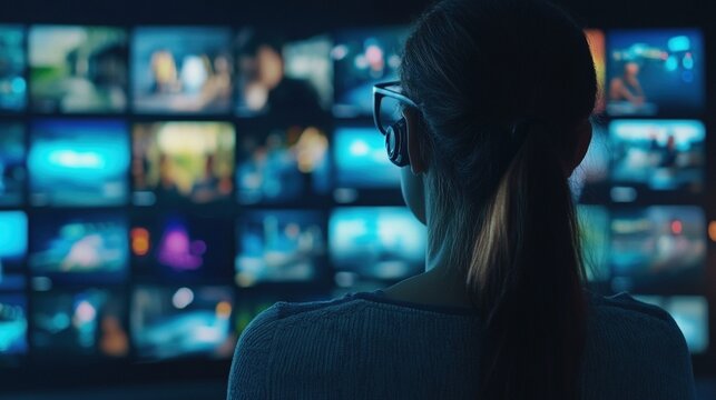 Mujer observando m&uacute;ltiples pantallas en un centro de monitoreo de datos, an&aacute;lisis visual y tecnolog&iacute;a avanzada