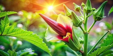 Fototapeta premium A stunning okra blossom blooms vibrantly, embraced by lush green leaves, creating a picturesque scene in a serene garden, showcasing nature's beauty and tranquility.