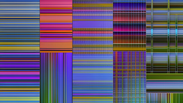 Abstrakter grafischer Hintergrund mit Linienf&ouml;rmigen Farbigen Balken Fl&auml;chen unterteilt in verschiedenen Bildabschnitte, geometrisch angeordnete Farben, farbiges  Testbild