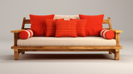 Fototapeta premium Wooden Sofa with Red Pillows and Cushions