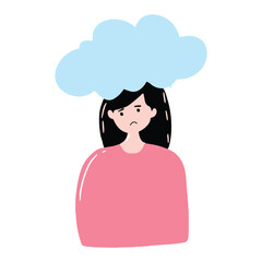 illustration of a woman experiencing depression and holding her head in her hands. illustration of a woman looking sad with a black shadow behind her