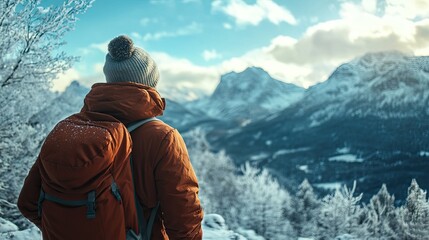 a traveler bundled up in winter clothing, hiking through a snowy mountain trail, with breathtaking views of the landscape.