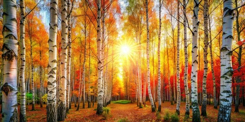 A tranquil birch forest in autumn, vibrant leaves cascade down, while sunlight pierces through the canopy, creating a serene and colorful tapestry of nature.