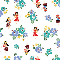Fototapeta premium Seamless pattern with palm trees and hula dancers,,