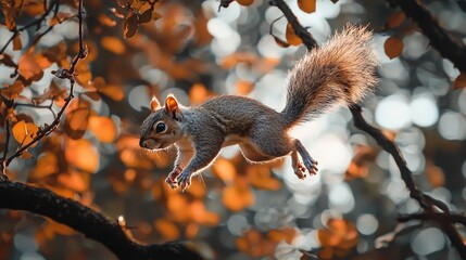 Fototapeta premium A squirrel sits atop a tree limb, its front paws raised high, and tail upright