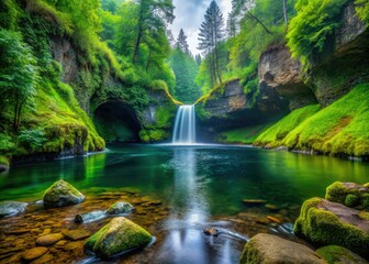 Obraz premium A tranquil pool cradles Serene Punch Bowl Falls, cascading over mossy rocks and surrounded by vibrant greenery, creating a peaceful natural retreat in the forest.