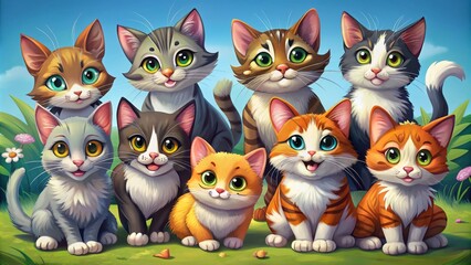 Fototapeta premium Whimsical cartoon cats exhibit a variety of playful poses and delightful expressions, capturing their unique charm and