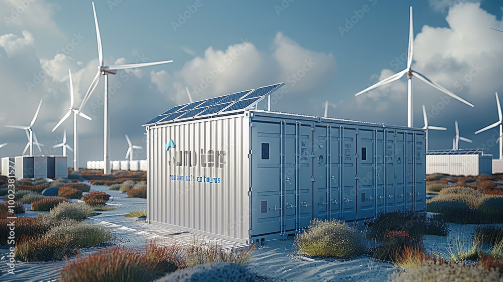 Poster an energy storage container with solar panels and wind turbines in the background.