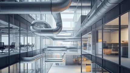 a well-designed air ventilation system in a large office building, showing airflow through ducts and vents for optimal air circulation.