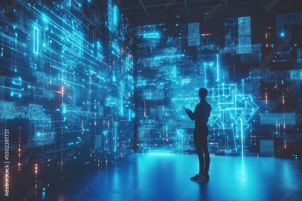 Poster A professional engages with holographic data and neural networks in a high-tech environment during a futuristic conference. Generative AI