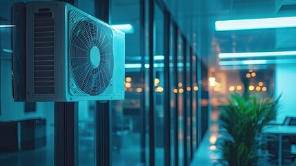 an advanced air conditioning system in a modern office building, providing cool air and maintaining a comfortable working environment.