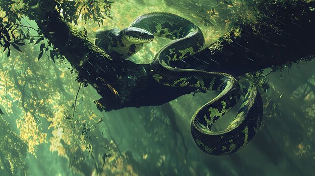   An image shows a snake coiled on a tree branch amidst a lush forest of green and yellow foliage Rays of sunlight filter through the canopy, casting dappled