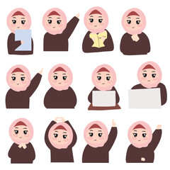 set of woman hijab daily activities cartoon character collection design