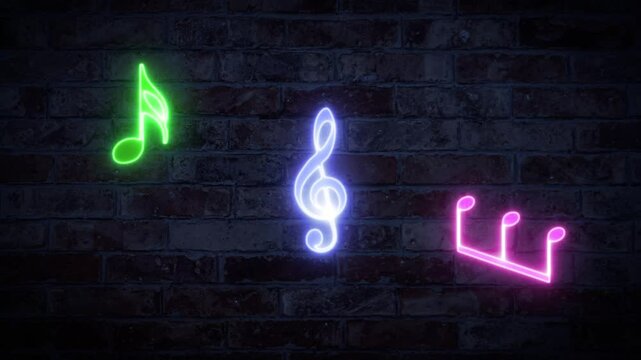 Glowing neon musical symbols illuminate a dark brick wall. A green eighth note, blue treble clef, and pink quarter rest flicker against the textured background. Vibrant nightlife atmosphere.