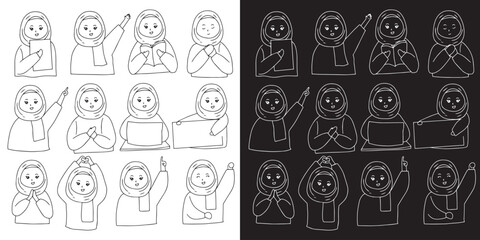 set of woman hijab daily activities cartoon character collection design