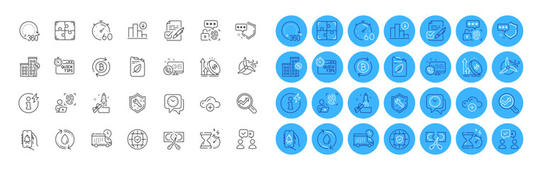 Fototapeta premium Analytics, Bell alert and Shield line icons pack. Canister, Cut tax, Innovation web icon. Web call, Windmill turbine, Quick tips pictogram. Hourglass timer, Delivery, Loan house. Vector