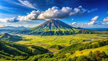 Naklejka premium Breathtaking Mount Aso Volcano emerges against a vibrant green landscape, under a clear blue sky, showcasing Japan's stunning natural beauty and serene environment.