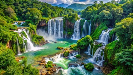 Breathtaking waterfalls flow gently amidst lush greenery, nestled in a serene landscape, bathed in warm daylight, offering a captivating view of nature's beauty.