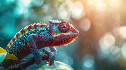   A close-up photo of a chameleon perched on a branch, illuminated by soft light from behind