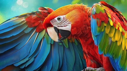 Obraz premium A vibrant parrot perched atop a tree limb, stretching out its wings in flight and tilting its head to one side
