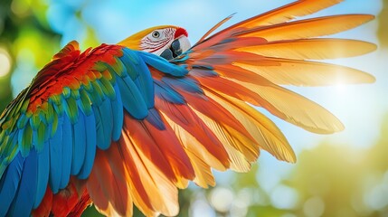 Fototapeta premium A colorful bird with spread-out wings against a tree backdrop