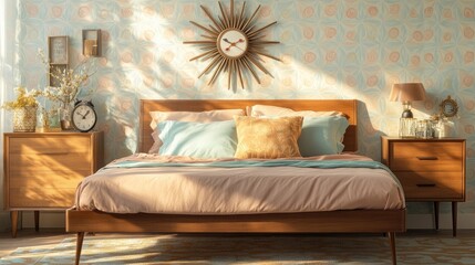 A serene bedroom featuring a retro wooden bed frame with pastel-colored bedding
