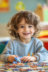 Boy with curly hair enjoying creative playtime with beads
