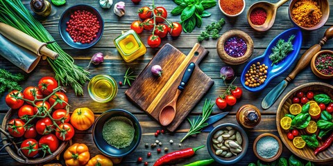 Fototapeta premium Brightly colored ingredients and various cooking tools beautifully displayed on a weathered wooden table, setting the stage for delicious meal preparation and culinary creativity.