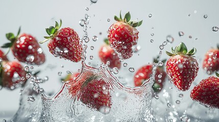   A cluster of strawberries suspended in a glass of water, adorned with droplets on the berries' bases