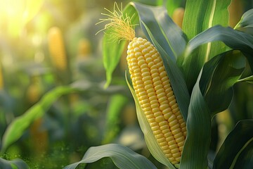 Sweet corn seeds and green leaves at Corn field in 3D illustration background. of free space for your texts and branding.with generative ai