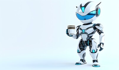 3D Robot Character Enjoying Coffee, A futuristic robot with sleek design, casually holding a coffee cup, showcasing a blend of technology and relaxation.
