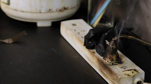 Fire and smoke from plugging the power cord into an overloaded electrical outlet. The concept of the dangers of using poor-quality equipment