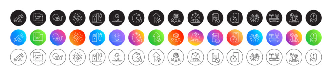 Energy growing, Coronavirus and Fair trade line icons. Round icon gradient buttons. Pack of Charging station, Ab testing, Full rotation icon. Vaccine attention, Timer, Medical drugs pictogram. Vector