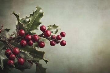Sprig of Holly with Red Berries Against a Green Background
