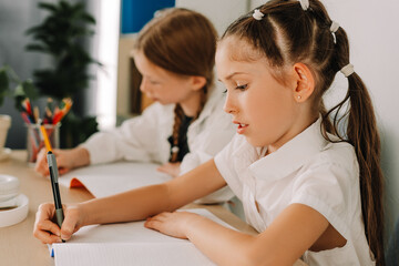 Two elementary students working hard writing in notebooks