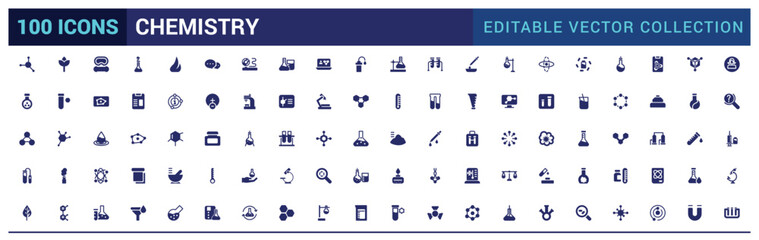 Chemistry lab icons set. Related to showing assorted experiments. Filled icon collection, glyph icon for web and ui. Solid icons pack. Vector illustration.