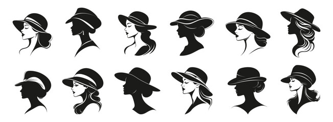 Lady profile silhouette head in a hat set. Head wear fashionable accessory. Pretty woman side view portrait. Glamour style concept. Black and white simple flat logo style. Isolated vector on white