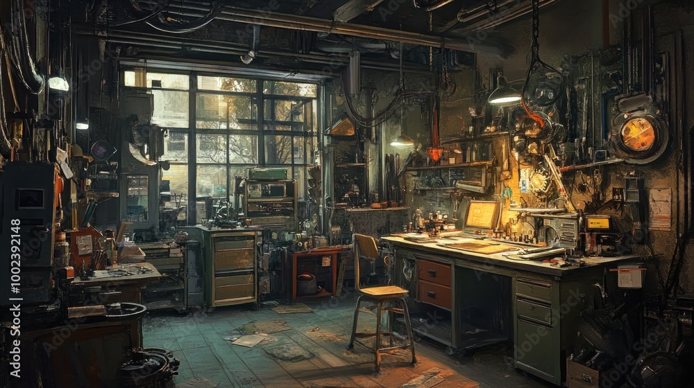 Poster a dark and cluttered industrial workshop with a window view